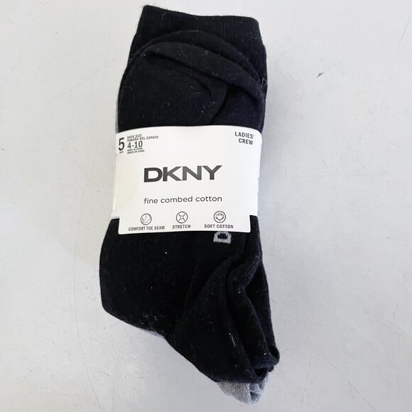 NEW DKNY 5 Pair Fine Combed Cotton Ladies Crew Socks NWT Bundle Black Gray - Picture 1 of 4